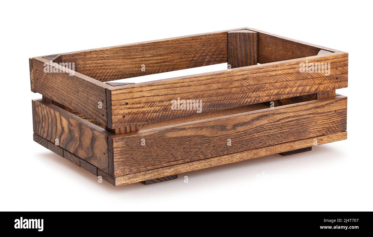 scatola di legno percorso isolato su bianco Foto Stock