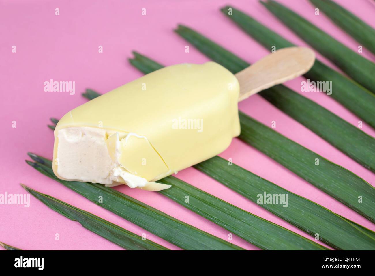 Barra gelato alla vaniglia su bastoncino rivestita di cioccolato bianco su sfondo rosa con una foglia di palma. Concetto estivo. Foto Stock