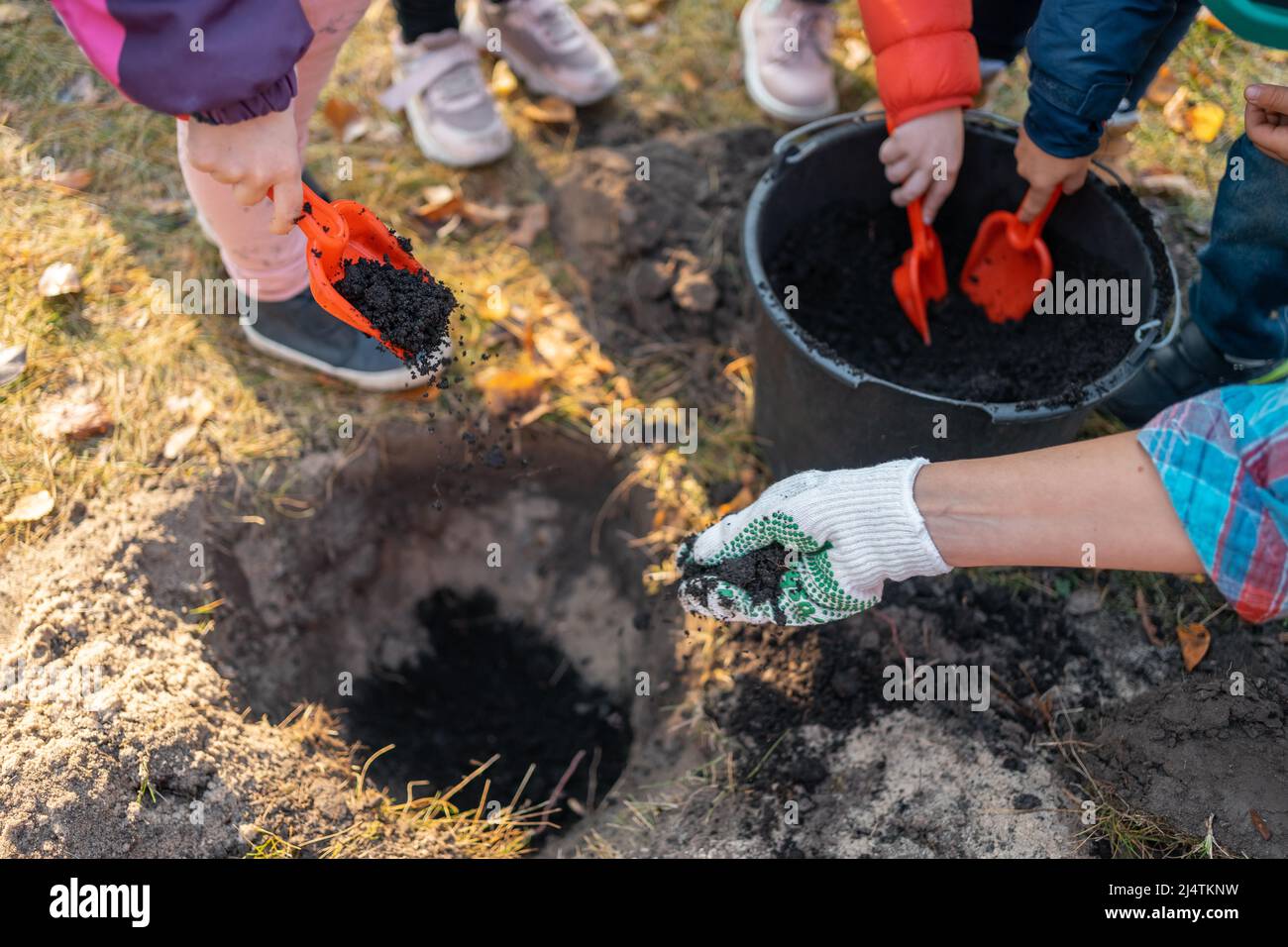 i bambini giocano e scavano il suolo nero con la pala o aiutano a piantare l'albero all'aperto Foto Stock