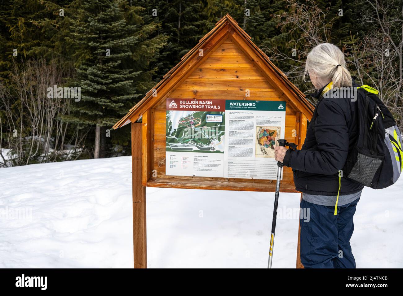 donna escursionista che guarda la mappa del percorso in inverno Foto Stock