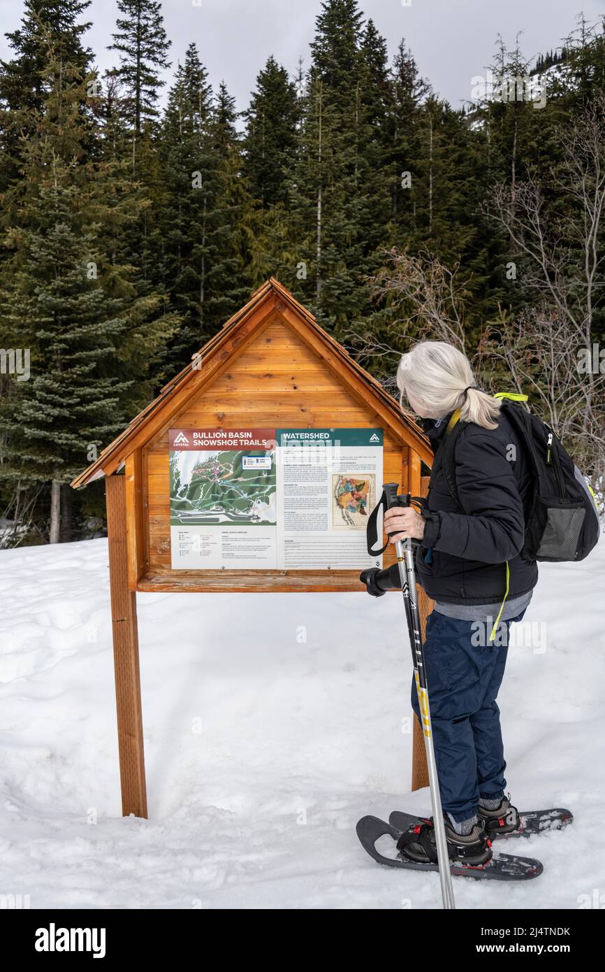 donna escursionista con racchette da neve che guarda la mappa del percorso in inverno Foto Stock