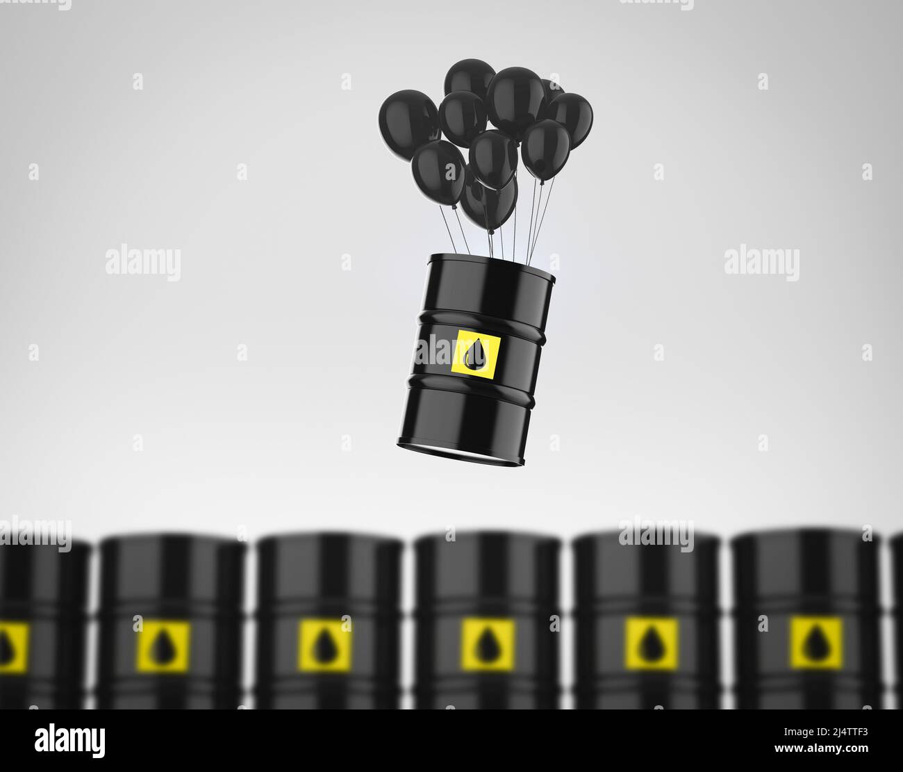 Il prezzo del petrolio in aumento o l'inflazione delle materie prime con 3D petrolio che rende barile con palloncini neri fluttuanti Foto Stock