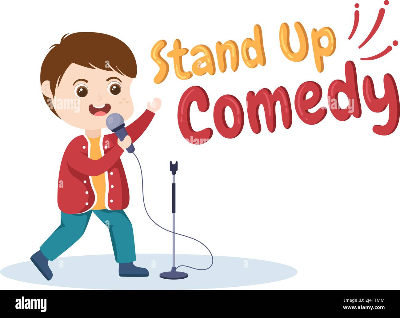 Stand Up Comedy Show scena teatrale con tende rosse e microfono aperto al comico che si esibisce sul palco in Flat Style Cartoon Illustration Illustrazione Vettoriale