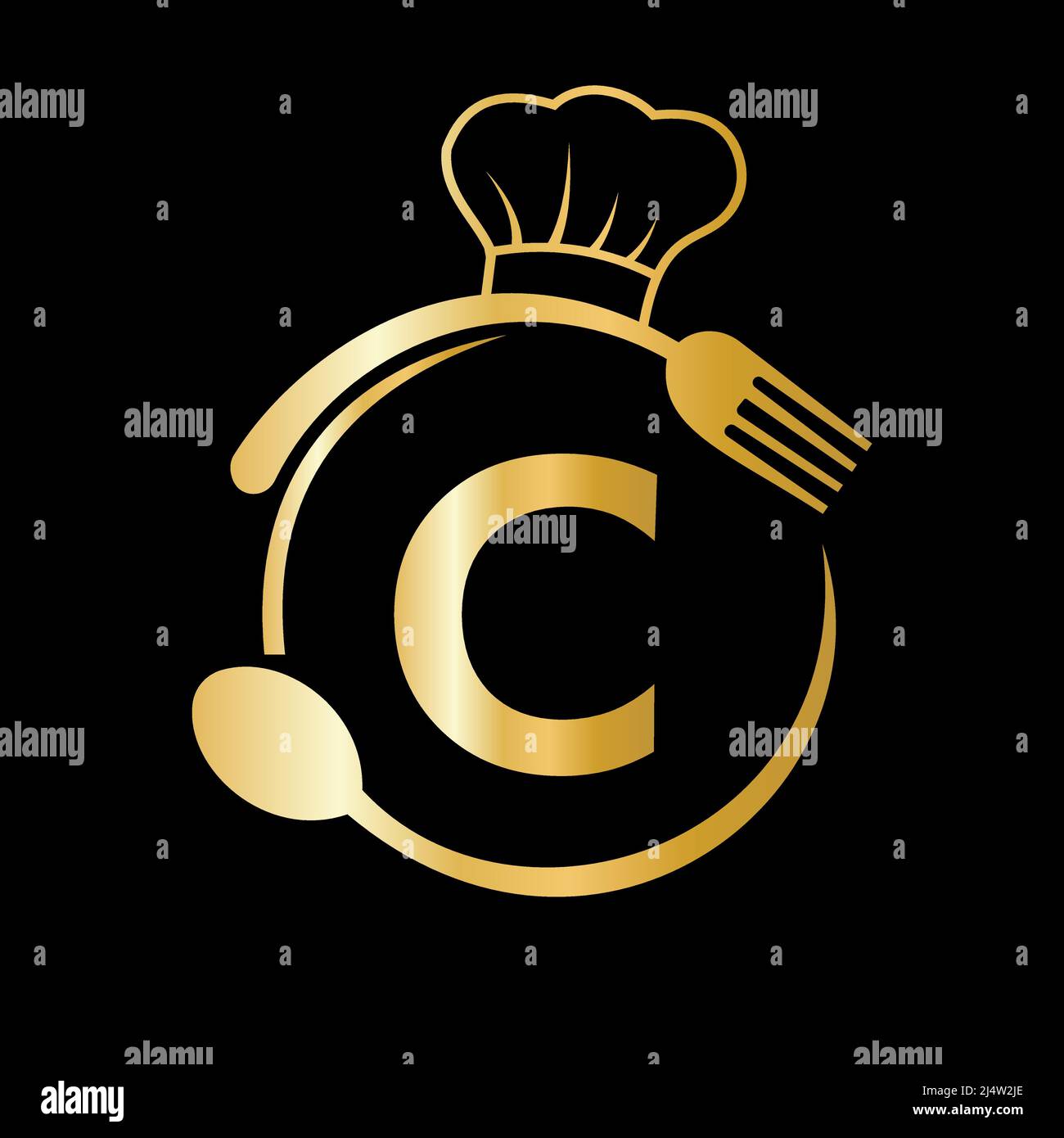Logo del ristorante sulla lettera C con cappello dello chef, cucchiaino e simbolo del fork per il cartello da cucina, icona del caffè, ristorante, cucina Business Vector Illustrazione Vettoriale