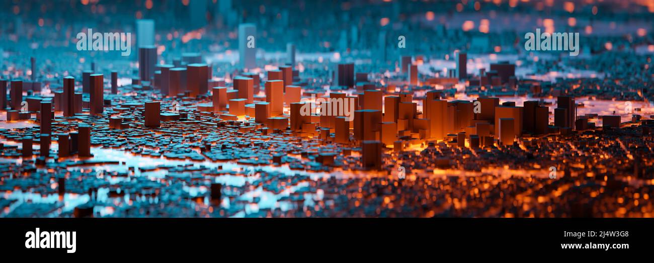 Area metropolitana e luci della città. Concetti di città e tecnologia intelligenti. 3D rendering. Foto Stock