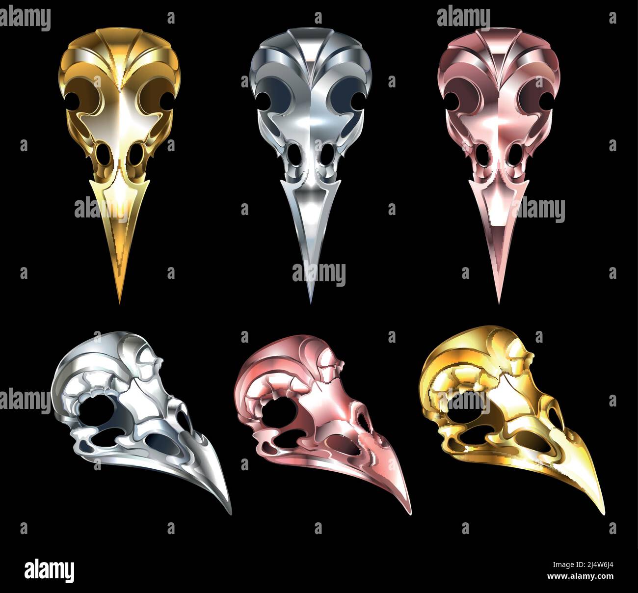 Set di gioielli, teschi di uccelli, disegnati in diverse angolazioni da ferro, oro rosa e oro su sfondo nero. Illustrazione Vettoriale