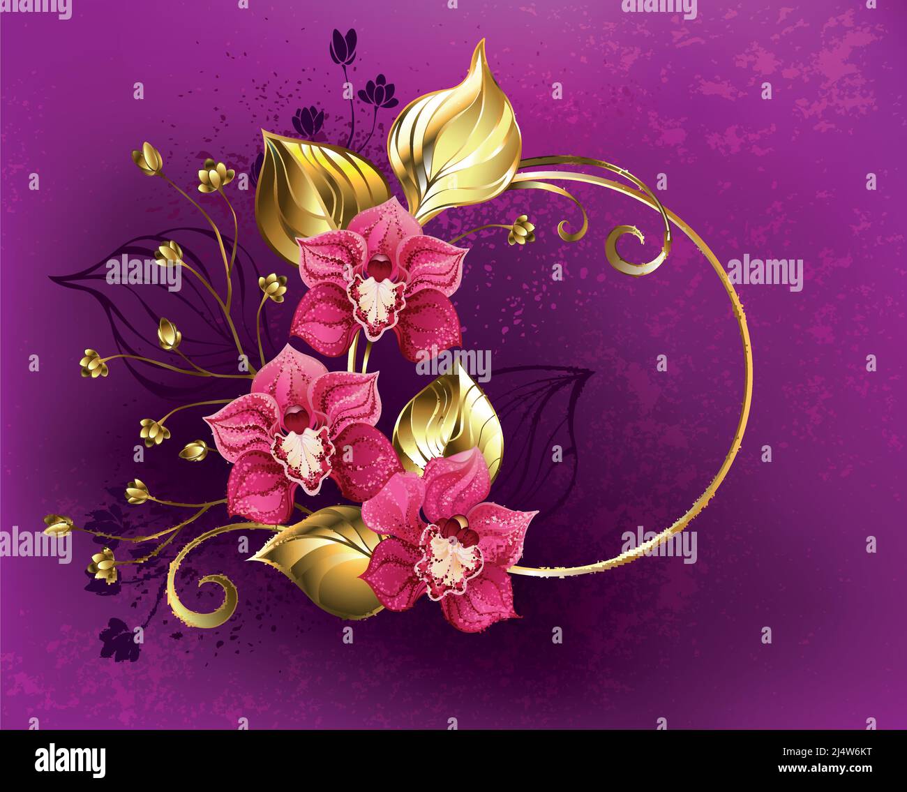 Striscione rotondo in oro con orchidee rosa, disegnate artisticamente con oro e rami di silhouette su sfondo rosa testurizzato. Orchidea rosa. Illustrazione Vettoriale