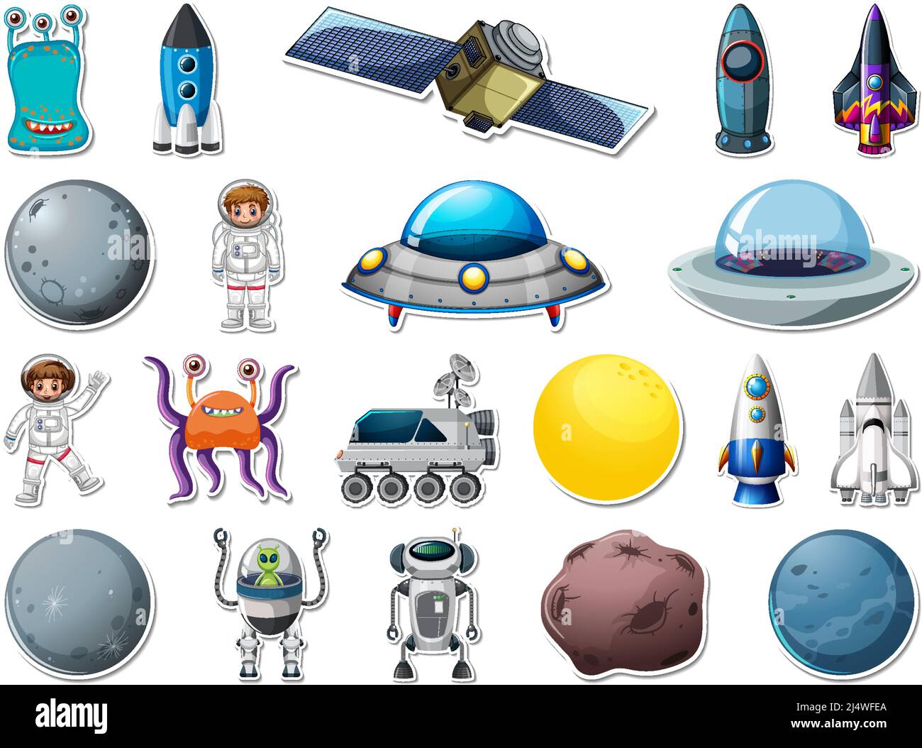 Set di adesivi per gli oggetti dello spazio esterno e illustrazione degli astronauti Illustrazione Vettoriale