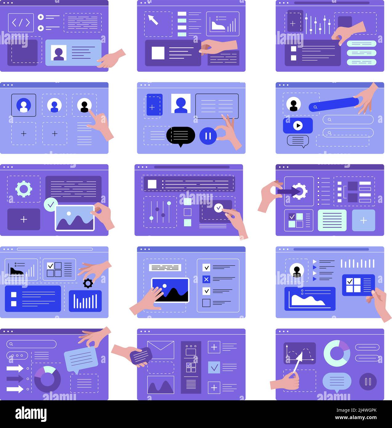 Programmazione interfaccia utente mani. Designer creazione di interfacce app modelli web marketing set illustrazioni vettoriali recenti uix Illustrazione Vettoriale