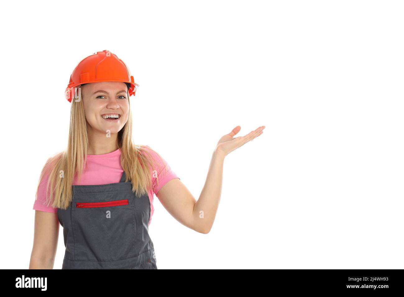 Concetto di occupazione, giovane donna in uniforme isolato su sfondo bianco Foto Stock