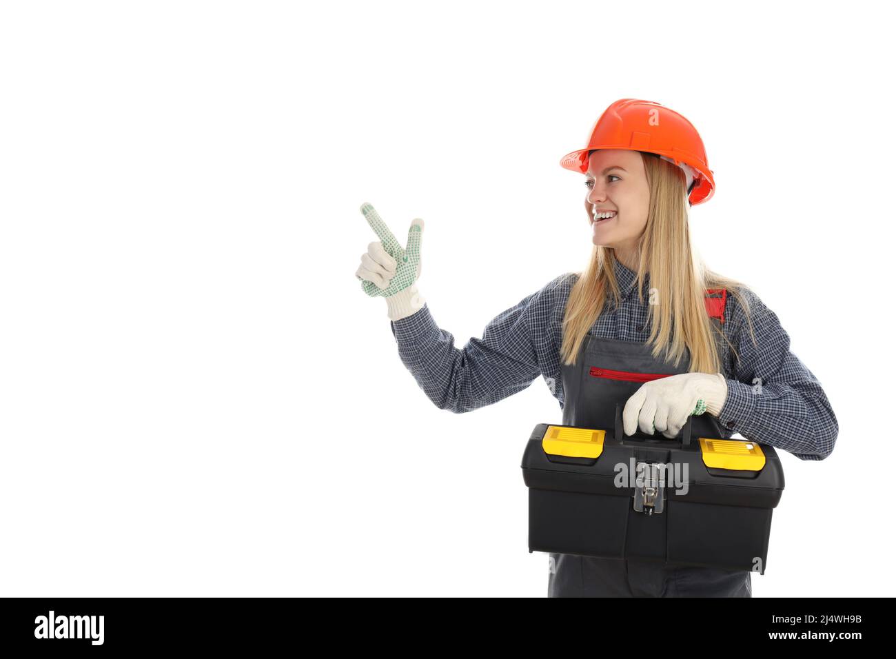 Concetto di occupazione, giovane donna in uniforme isolato su sfondo bianco Foto Stock