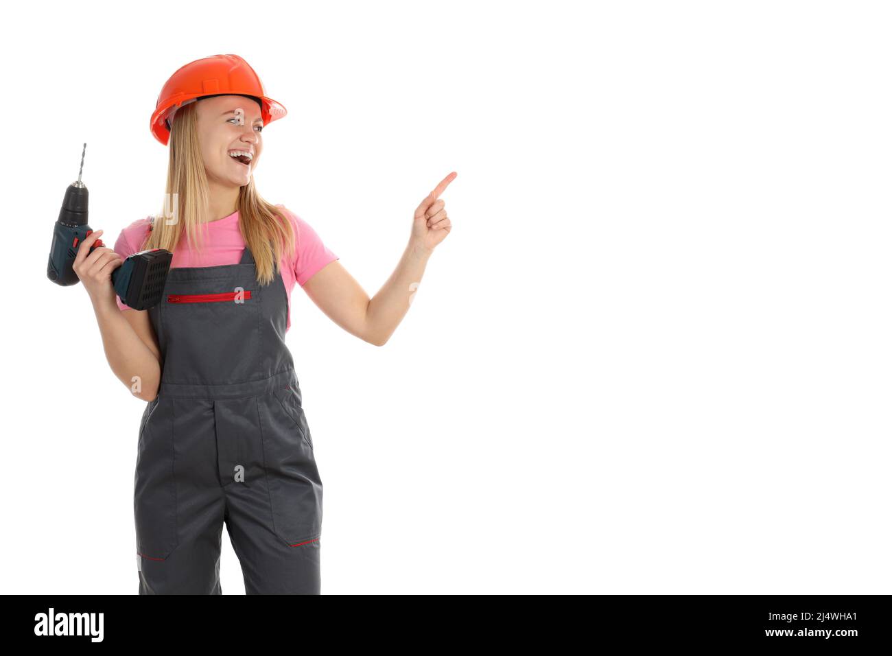 Concetto di occupazione, giovane donna in uniforme isolato su sfondo bianco Foto Stock