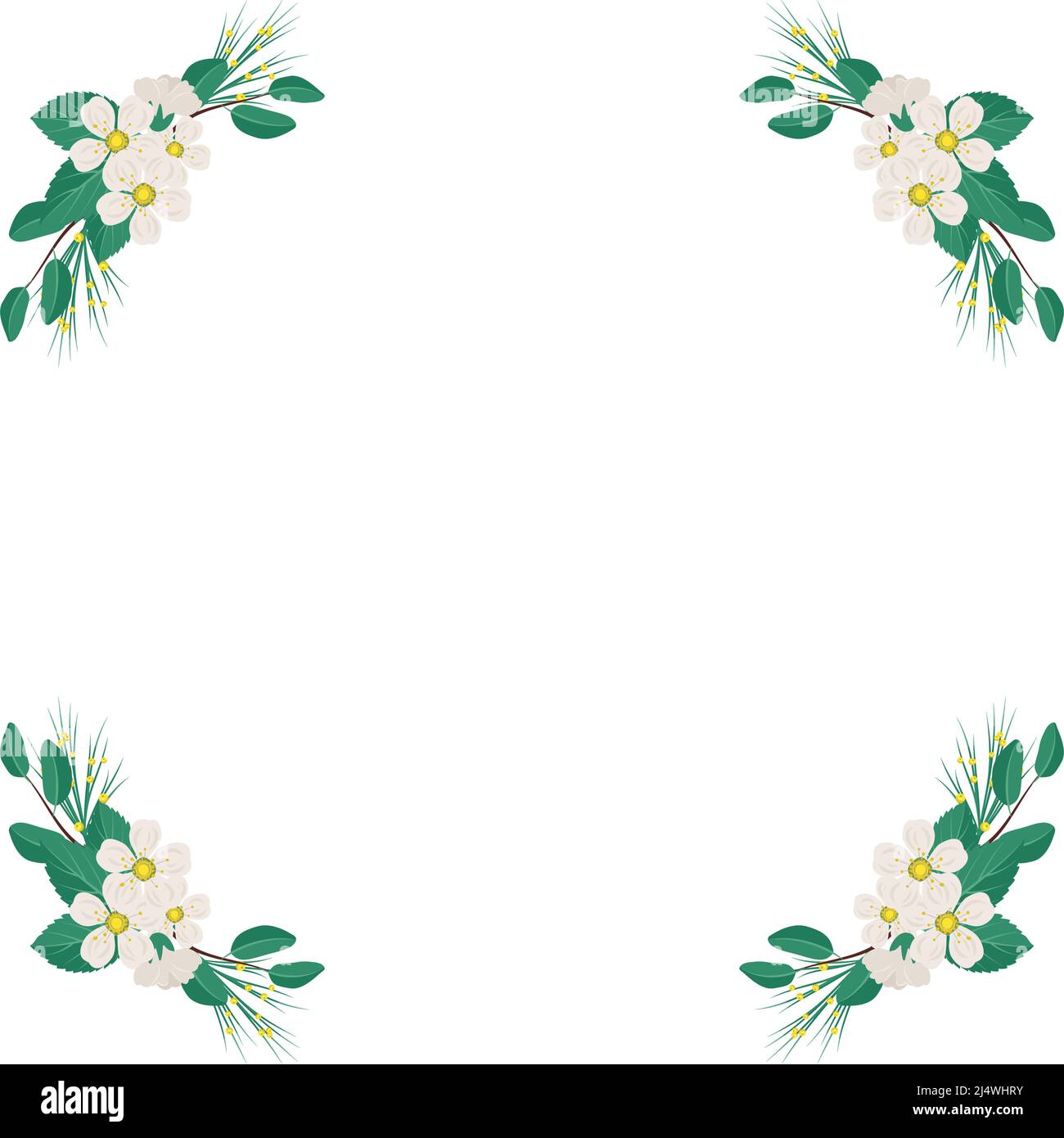 Cornice di ciliegia o melo. Corona con fiori bianchi. Composizione primaverile con germogli e foglie. Decorazione festiva per matrimonio, vacanza, cartolina e design. Illustrazione piatta vettoriale Illustrazione Vettoriale