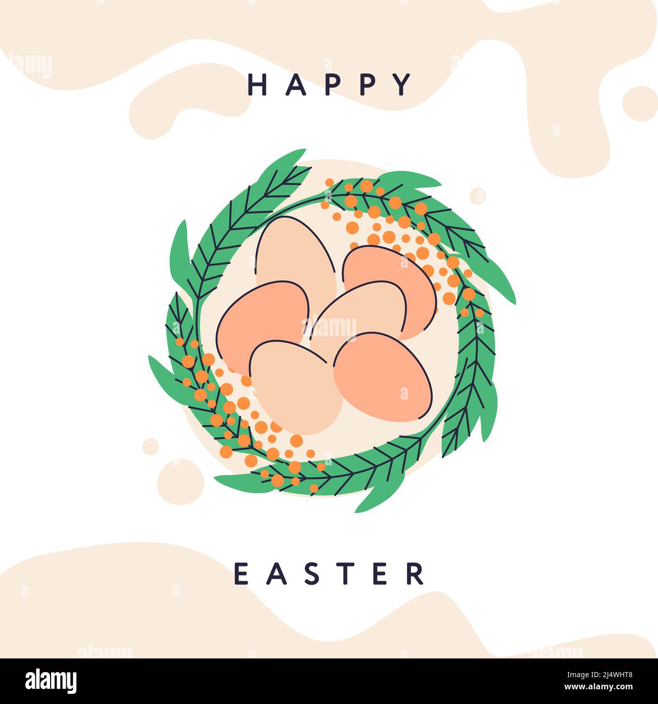 Felice Pasqua vettore linea poster arte. Composizione pasquale con uova, fiori primaverili e vegetazione. Design moderno e minimalista. Illustrazione Vettoriale