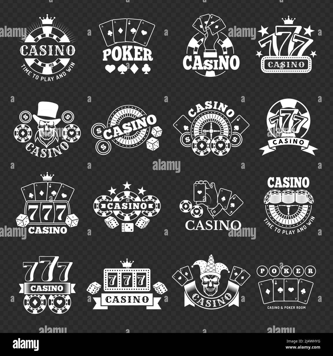 Badge per il gioco d'azzardo. Carte da casinò slot machine e dadi giochi di gioco simboli stilizzati recenti vettore monocromatico illustrazioni set Illustrazione Vettoriale