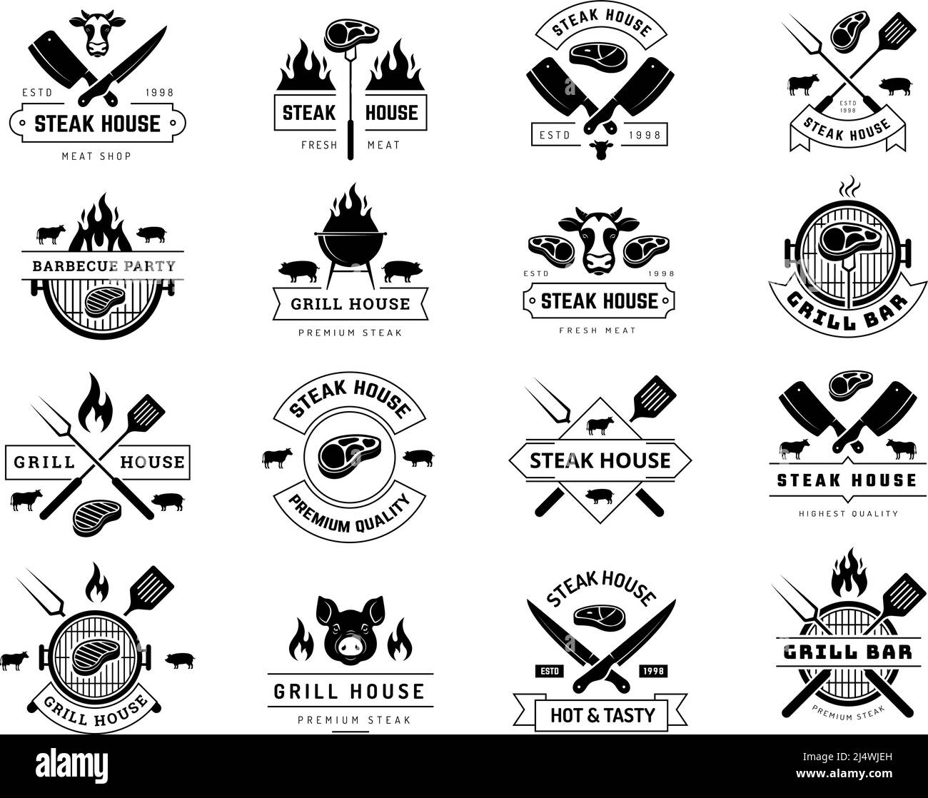 Badge Steakhouse. Ristorante menu modelli barbeque negozio logotipo recenti vettore illustrazioni bistecca Illustrazione Vettoriale