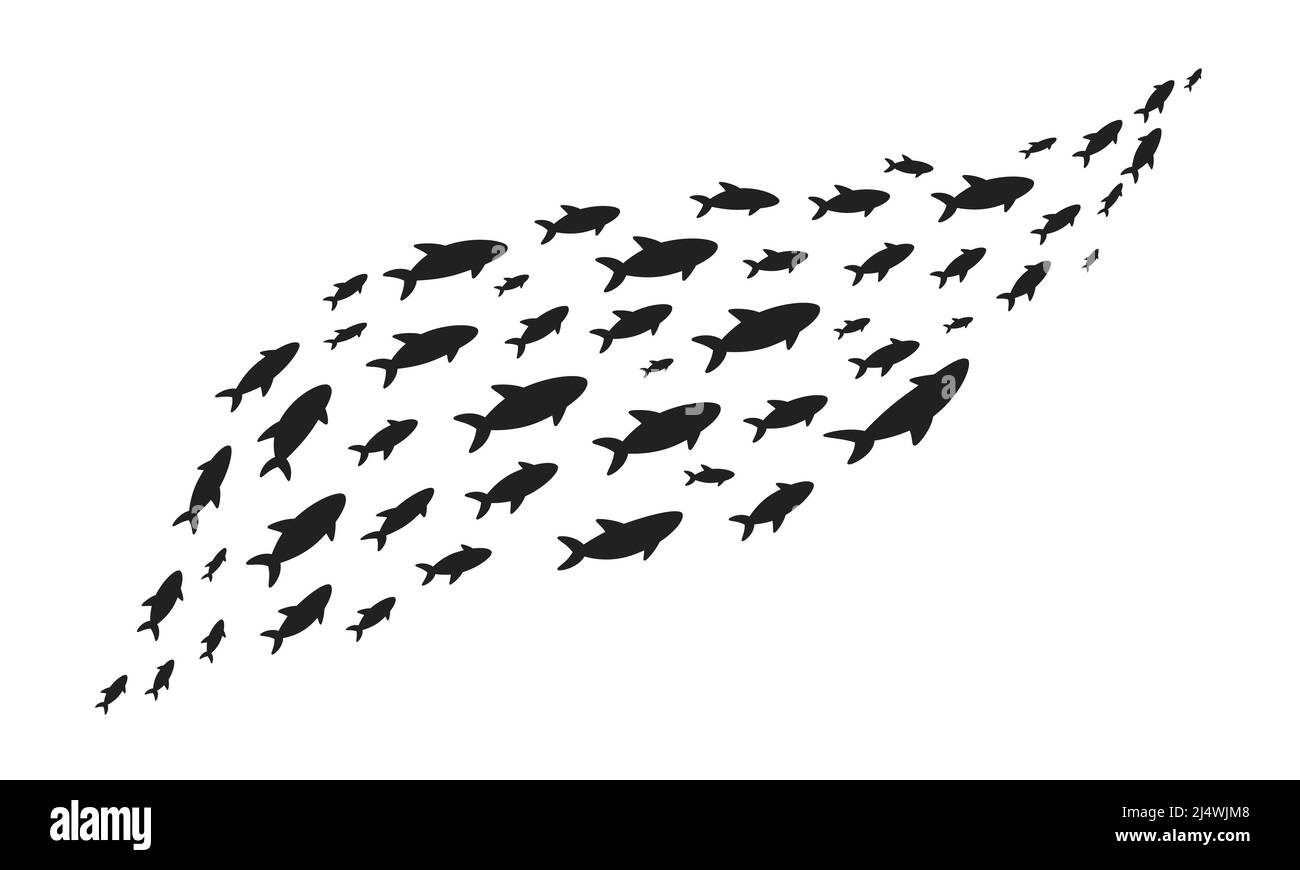 Sagome scuola di pesce con vita marina di varie dimensioni pesci nuoto piatto stile disegno vettoriale illustrazione. Colonia di grandi e piccoli animali marini. Illustrazione Vettoriale