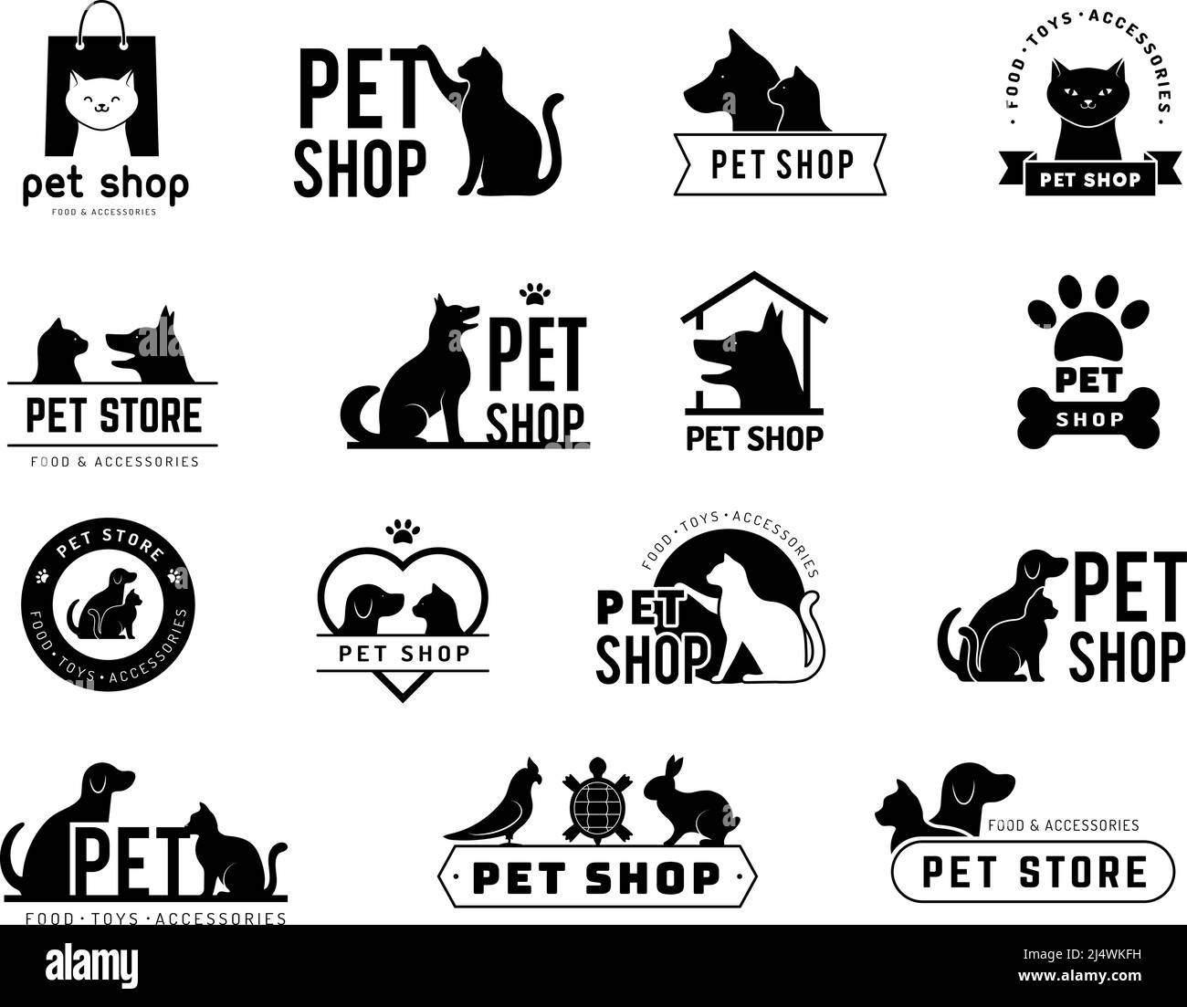Badge per negozi di animali domestici. Animali domestici cani gatti simboli stilizzati per il mercato zoo recenti immagini vettoriali set isolato Illustrazione Vettoriale