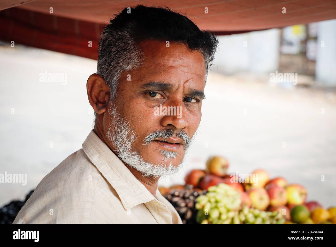 Ritratto di un venditore di frutta a Trichy, Tamil Nadu, India Foto Stock