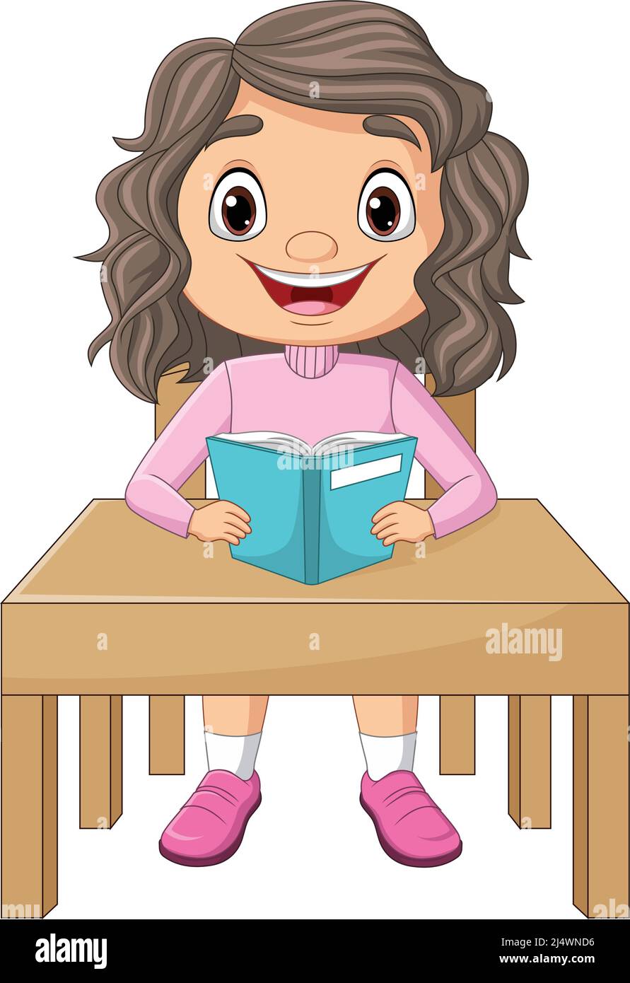 Cartoon bambina che legge un libro sulla scrivania Illustrazione Vettoriale