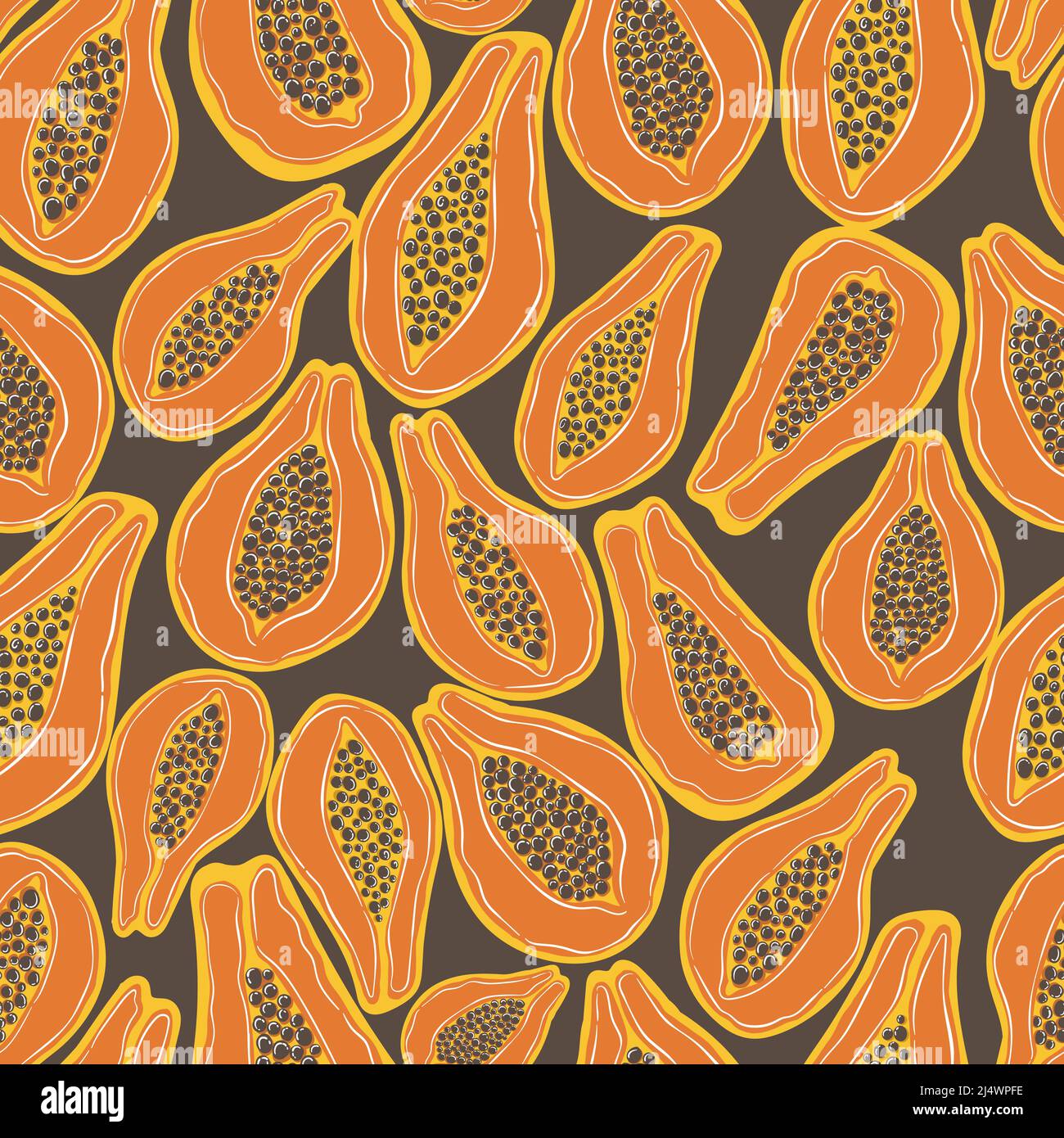 Papaya disegno a mano senza cuciture in stile doodle. Pattern illustrato vettoriale trendy. Frutta hawaiana. Illustrazione Vettoriale