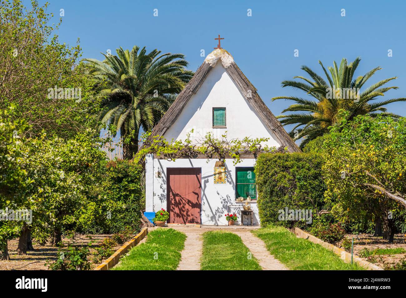 Barraca casa rurale tradizionale, El Palmar, Comunità Valenciana, Spagna Foto Stock