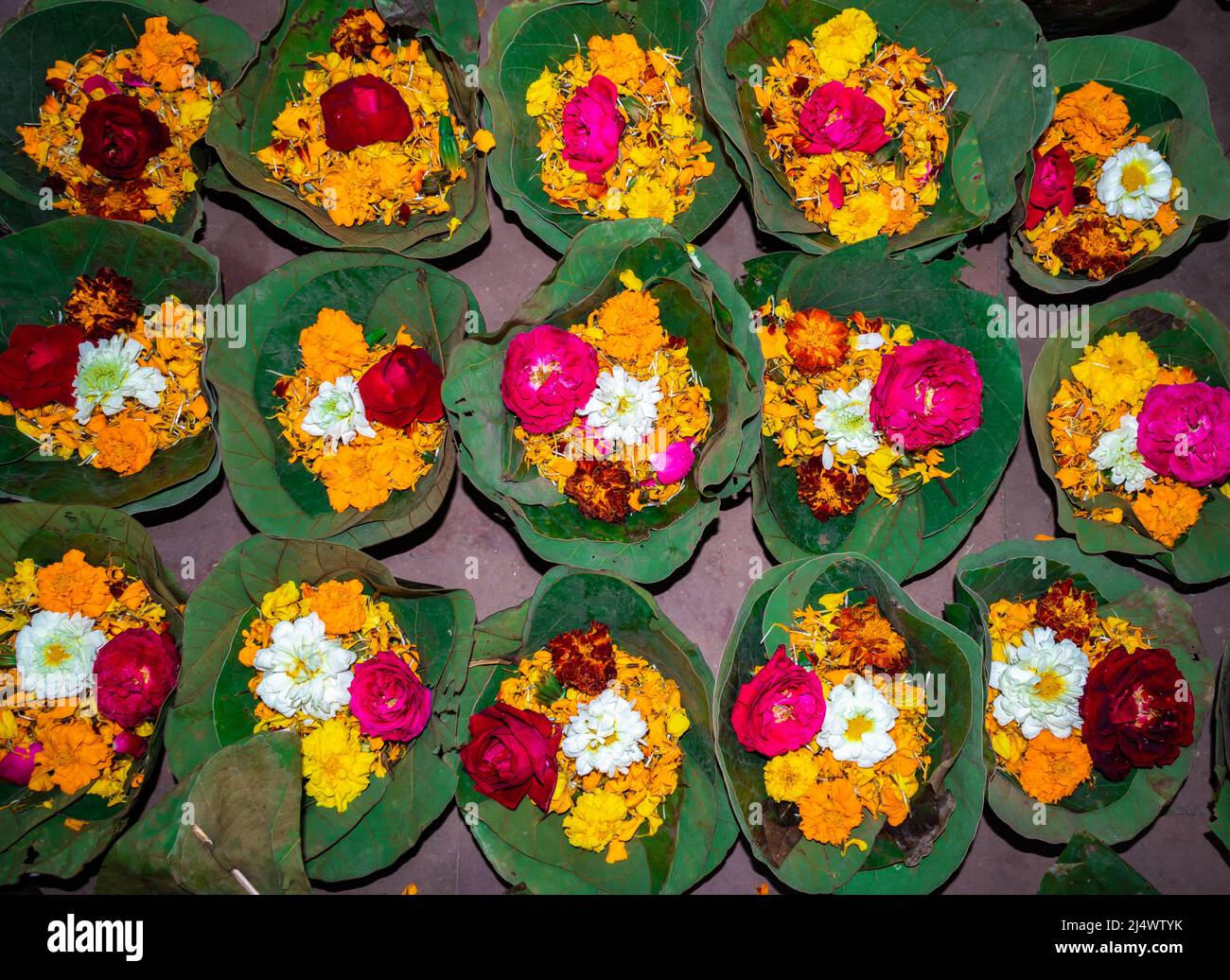 pentola verde in foglia piena di fiori colorati al tempio dall'angolo superiore Foto Stock