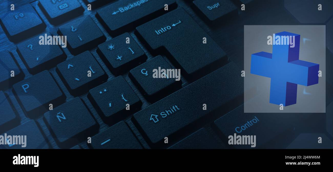 Background per l'assistenza sanitaria medica. Croce blu con tastiera nera come sfondo per il concetto di servizi medici. Assicurazione, cura e malattia. Foto Stock