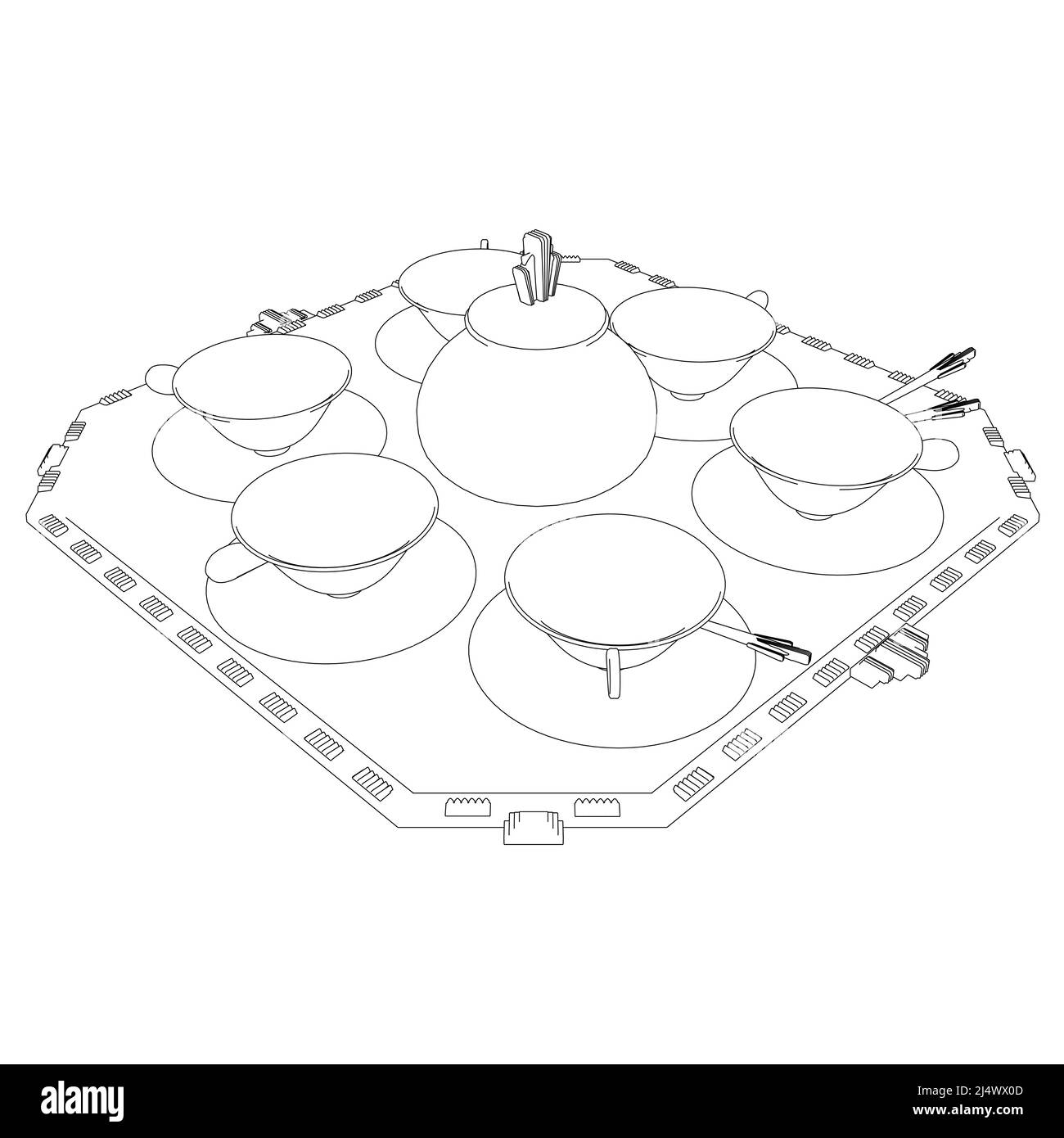 Set di caffè a contorno con teiera e tazze su un vassoio isolato su sfondo bianco. Illustrazione vettoriale. Illustrazione Vettoriale