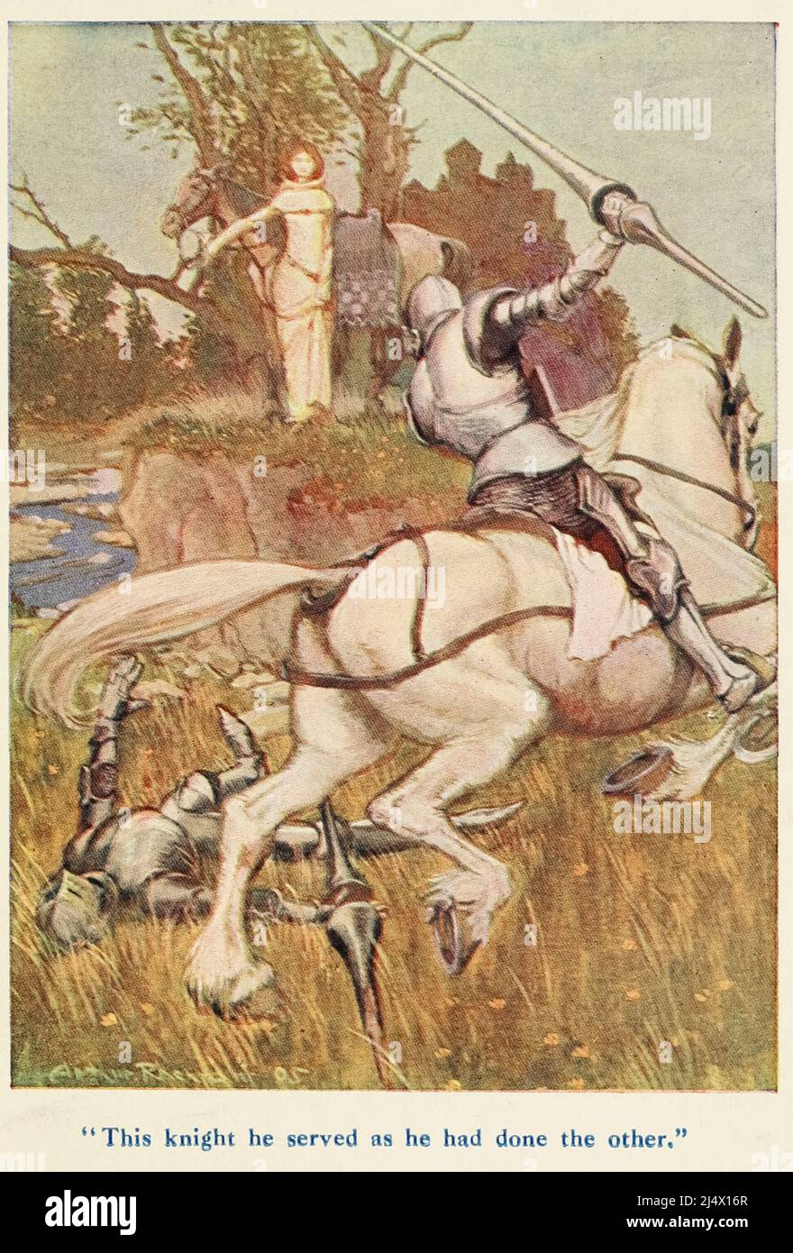 QUESTO CAVALIERE SERVÌ COME AVEVA FATTO L'ALTRO dal libro ' Stories of King Arthur ' di Arthur Lincoln Haydon, illustrato da Arthur Rackham, Foto Stock