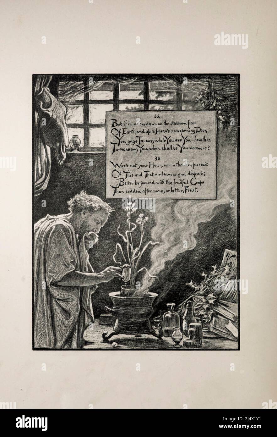 No. 32 Rubáiyát di Omar Khayyám è il titolo che Edward Fitzgerald diede alla sua traduzione del 1859 da Persiano ad Inglese di una selezione di quatrains (rubāʿiyāt) attribuita a Omar Khayyam (1048–1131), soprannominato 'l'astronomo-poeta di Persia'. Illustrato da Elihu Vedder, Foto Stock