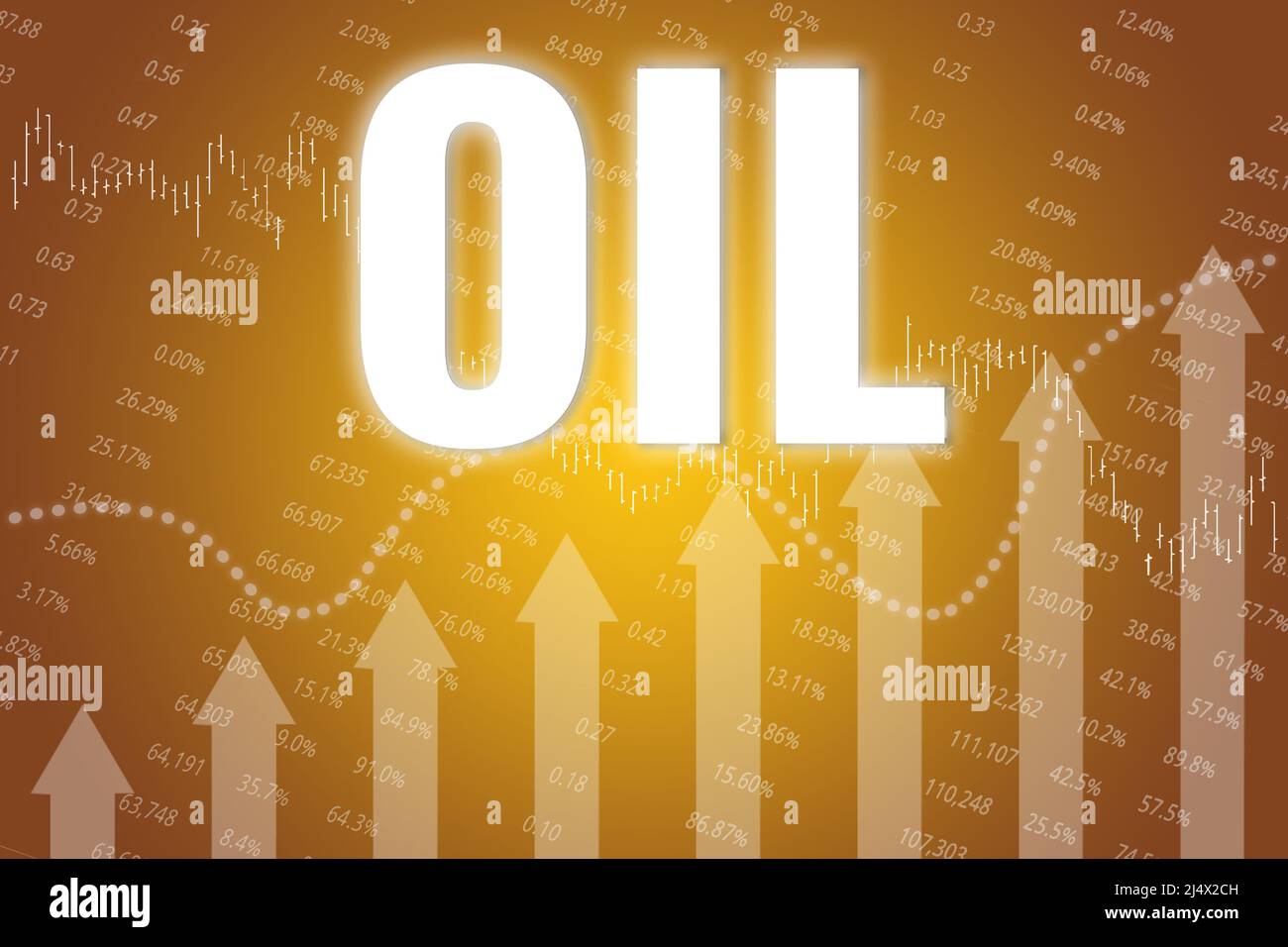Variazione di prezzo sui futures del petrolio su sfondo finanziario giallo da freccia, grafici, grafici, linee. Trend su e giù. Concetto di mercato dei derivati finanziari Foto Stock