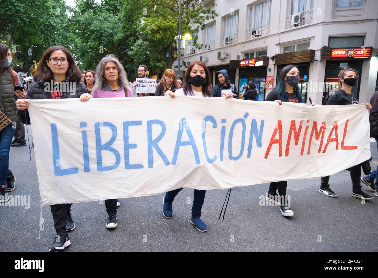 Buenos Aires, Argentina; Nov 1, 2021: Manifestazione del World Vegan Day. Persone che hanno un banner con il testo Animal Liberation. Foto Stock