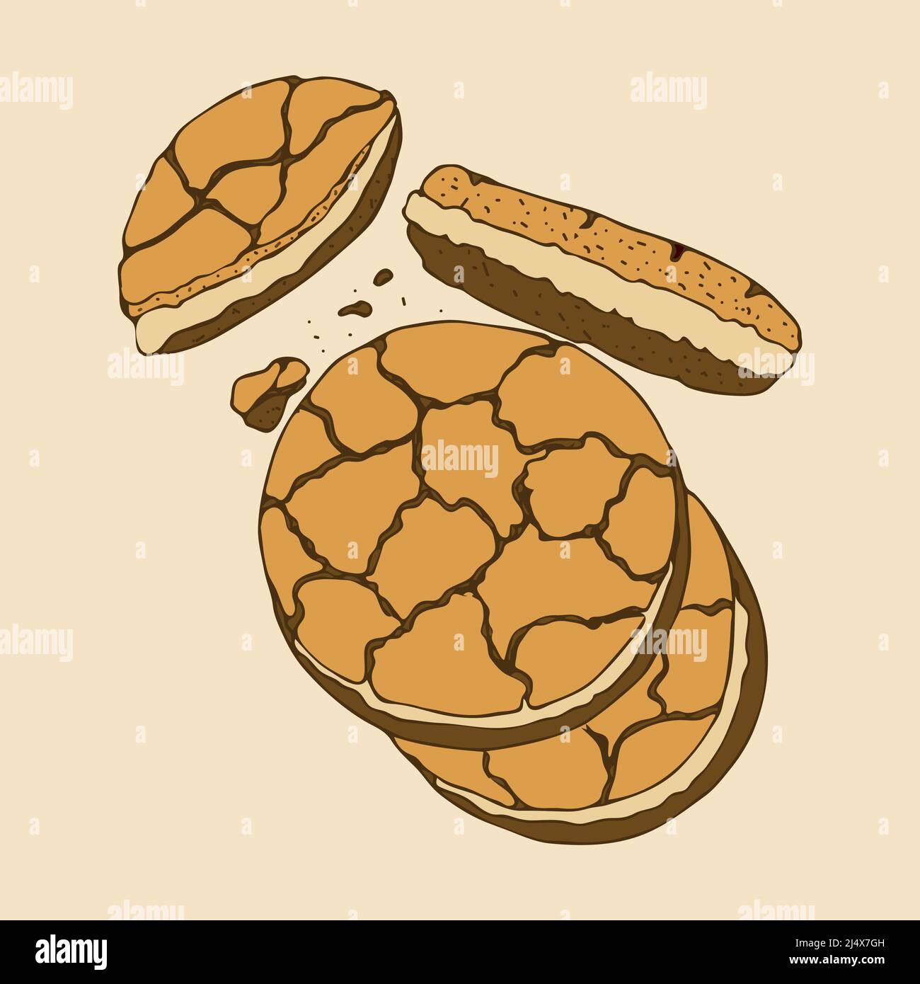 Biscotti Dodle da disegno a mano, biscotti con uno strato di ripieno, pezza, briciole. Illustrazione vettoriale Illustrazione Vettoriale