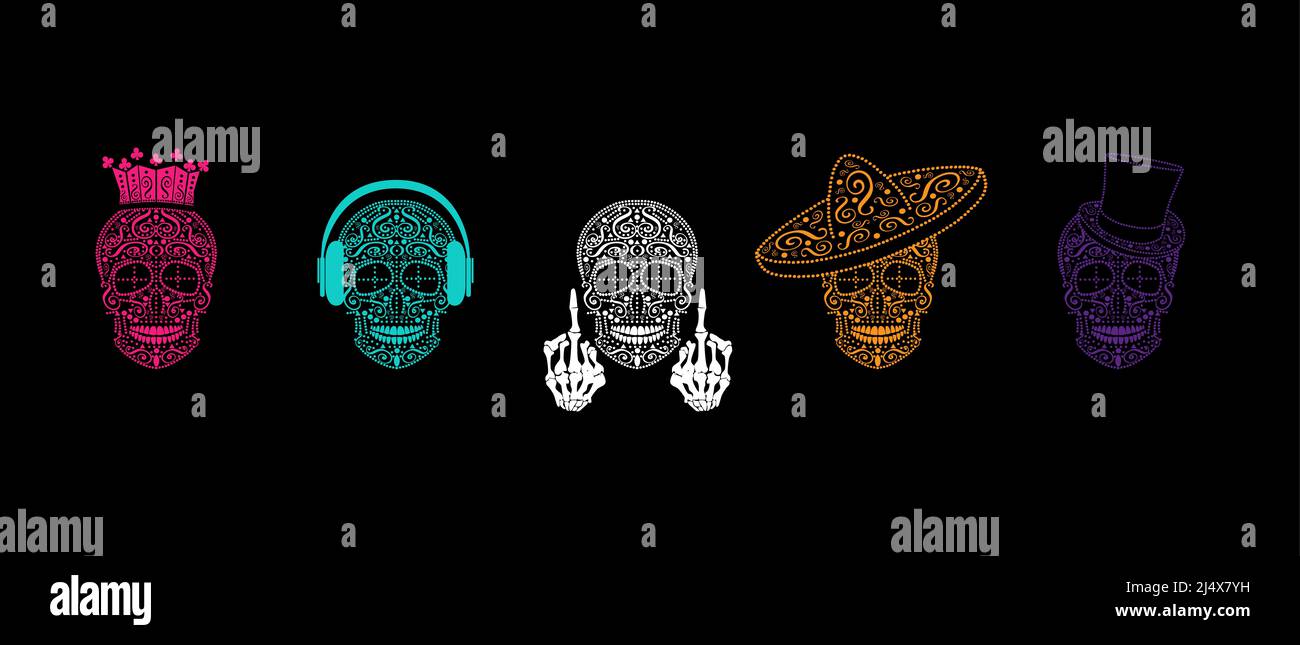 Set di diversi personaggi del cranio con diversi stile moderno king, messicano, musica e medio dito su sfondo scuro. Foto Stock