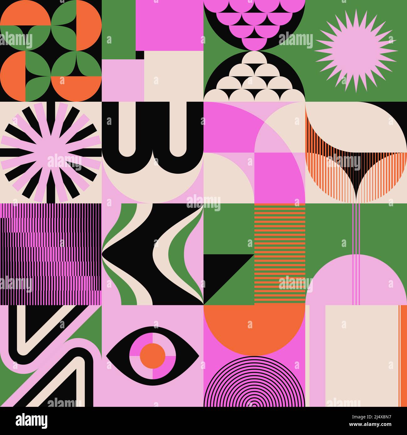 Grafica vettoriale neo-Geo ispirata al design estetico astratto modernista. Collage moderno geometrico per poster, copertina, arte, presentazione Illustrazione Vettoriale