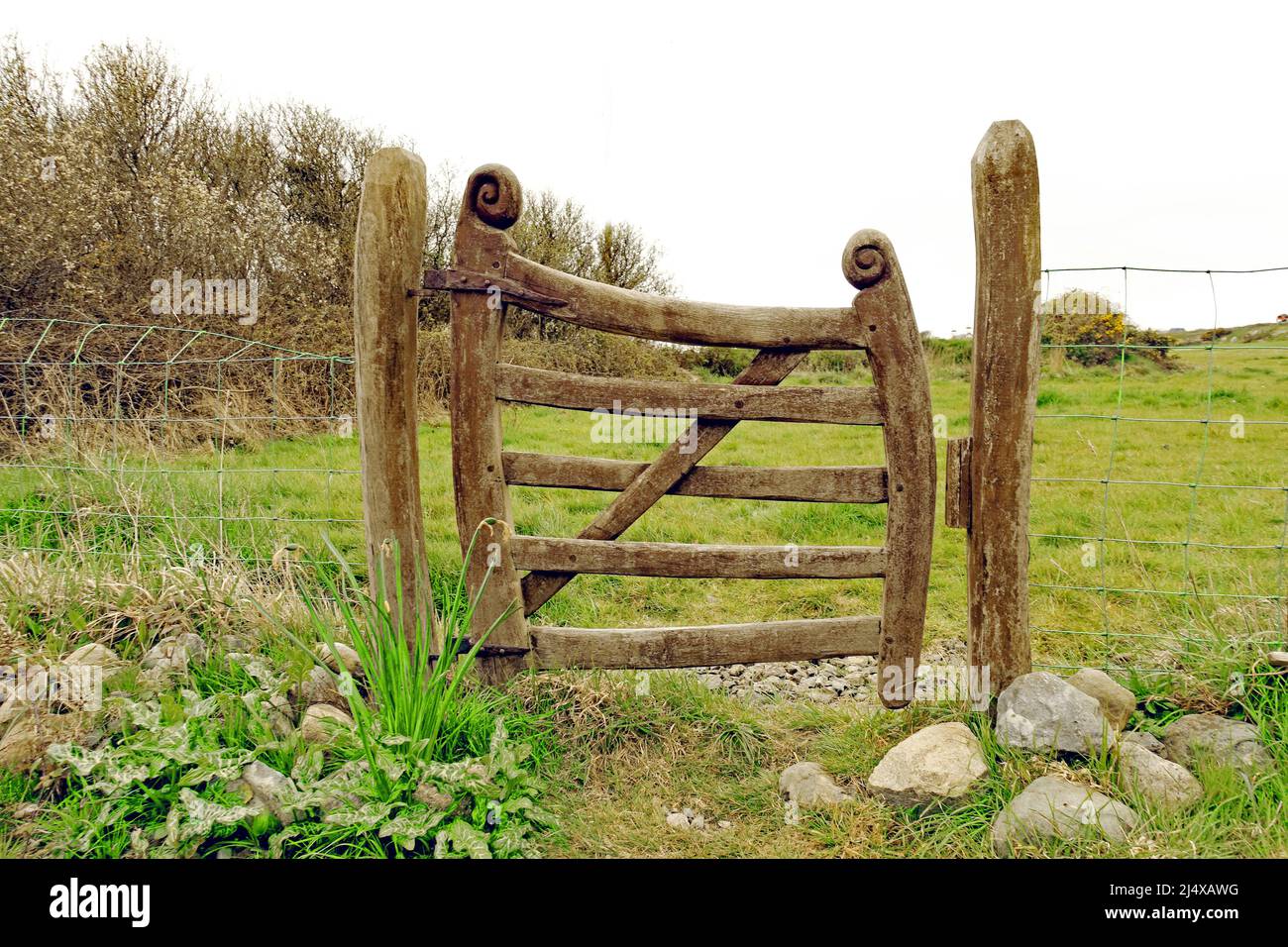 Elegante porta-giardino in stile celtico in una recinzione vicino ad Aberdaron, sulla penisola di Llyn, Gwynedd, Galles del Nord Foto Stock