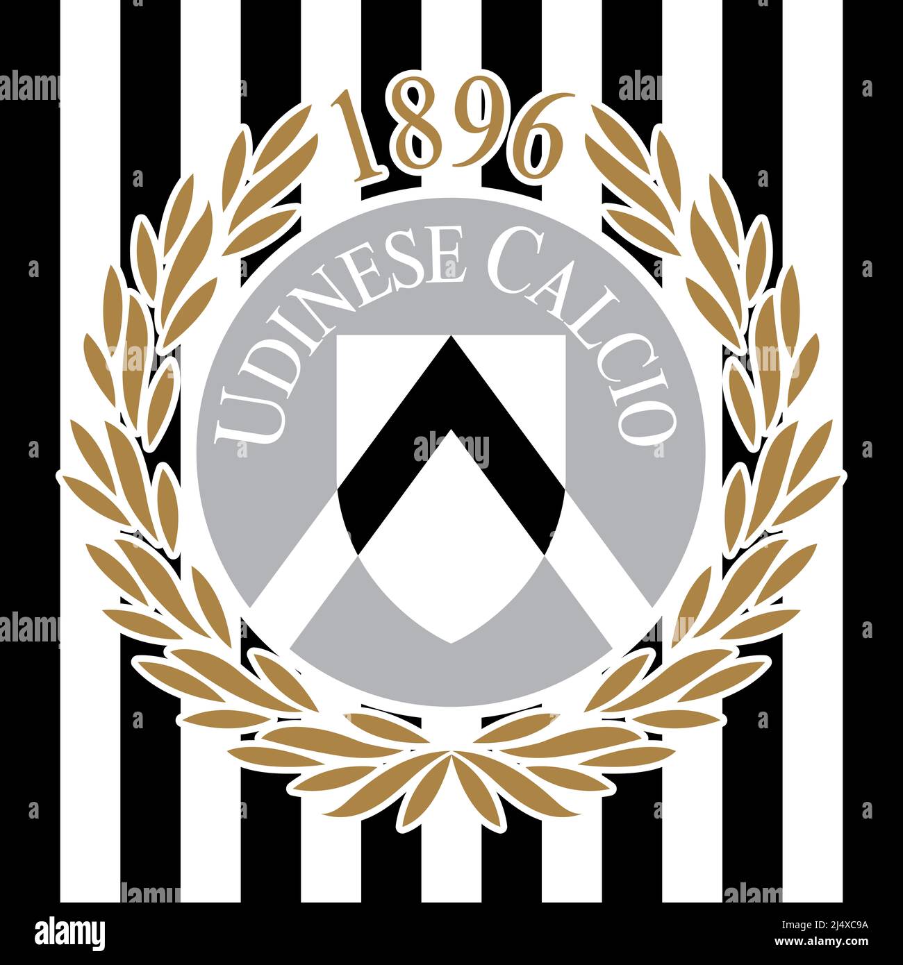 Udine, Italia, Aprile 2022 - Udinese U.C. Logo Football Club con bandiera in bianco e nero, illustrazione Foto Stock