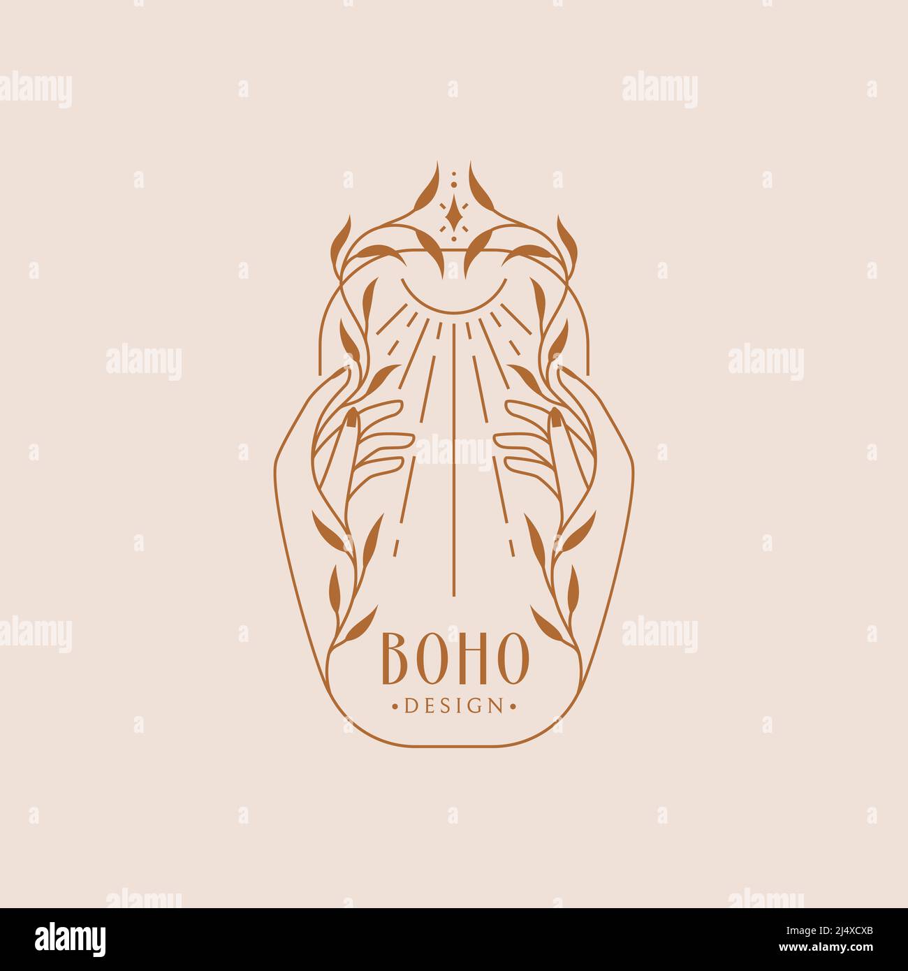 Logo Boho con le mani femminili, pianta e sole. Emblema vettoriale per la guarigione botanica, cosmetica naturale, erbe medicinali, prodotti ecologici, esoterico, ecc.. Illustrazione Vettoriale