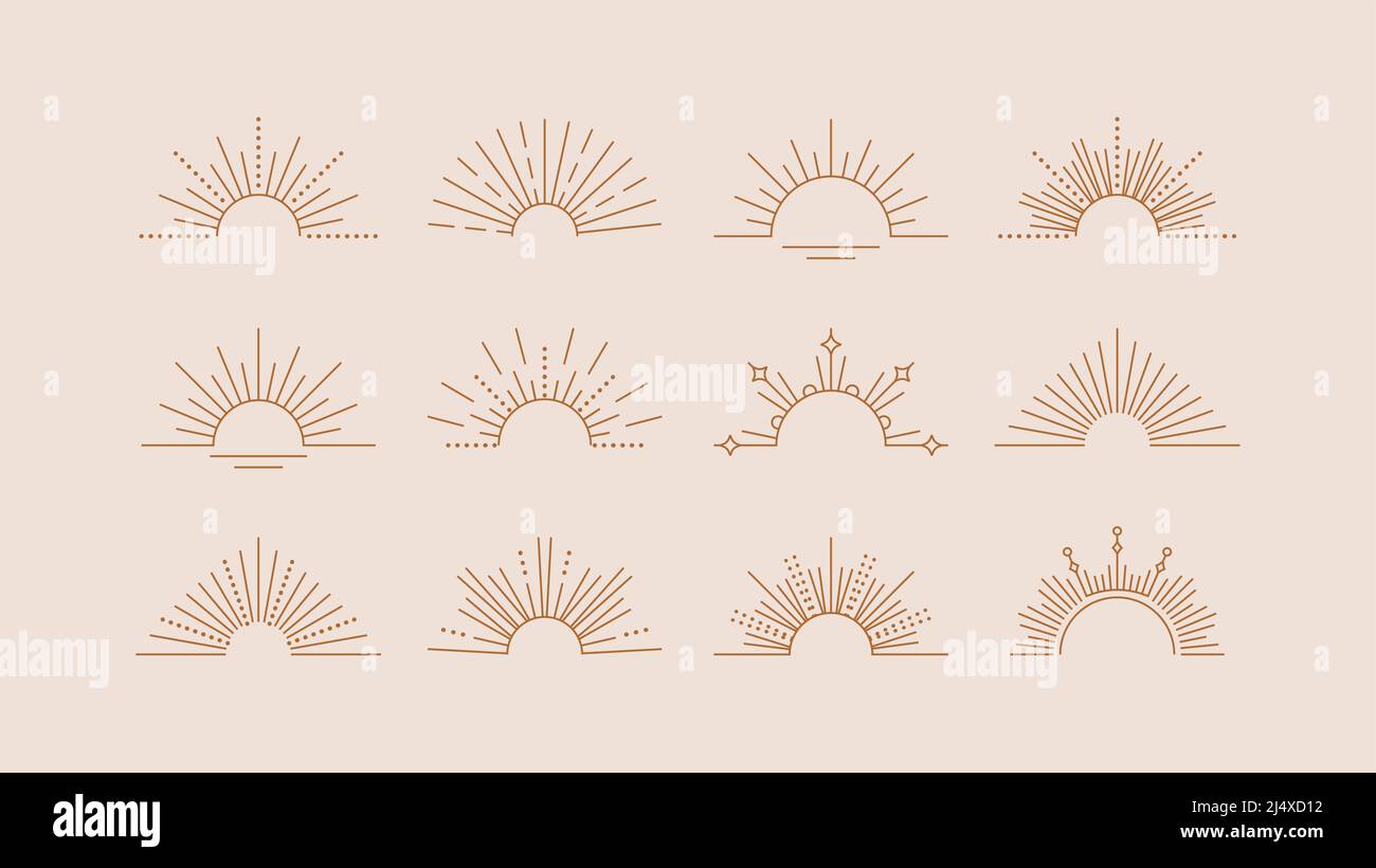 Elementi di progettazione della linea Sun Rays. Icone lineari vettoriali in stile boho minimo. Logo a forma di semicerchio. Set di simboli al tramonto o all'alba. Illustrazione Vettoriale