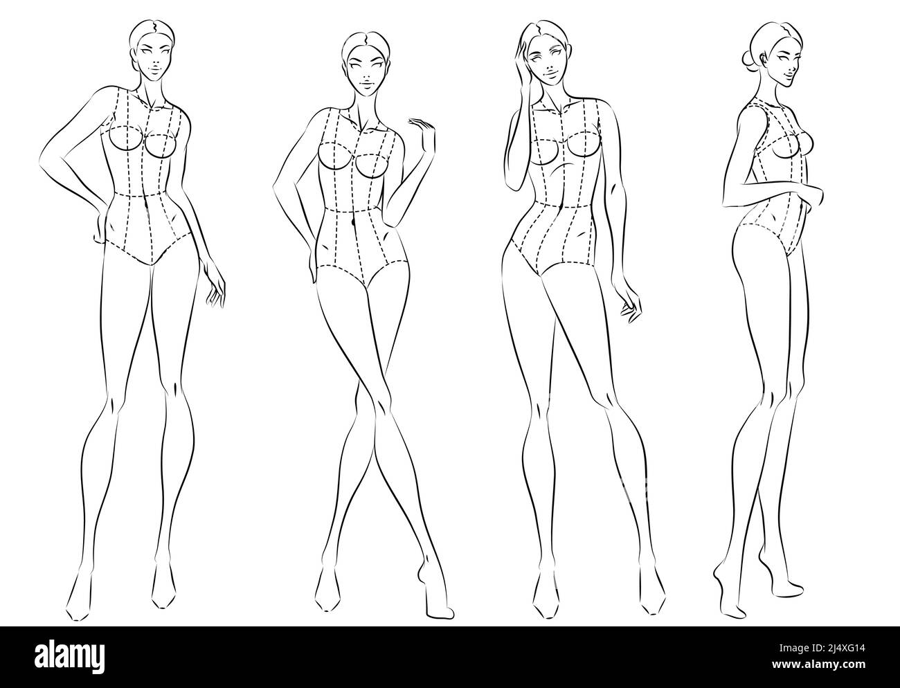 Moda figura dieci teste modello croquis indossando corpetto Illustrazione Vettoriale