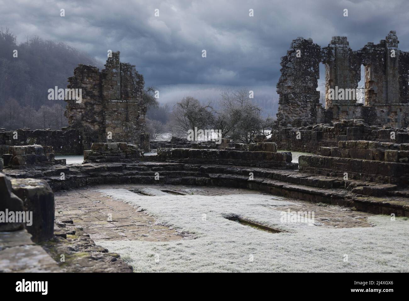 Capitolo Casa di Rievaulx in rovina Abbazia cistercense fondata nel 1132 - soppressa nel 1538. Foto Stock