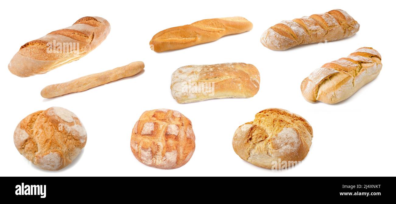 Vari tipi di pane isolato su sfondo bianco Foto Stock
