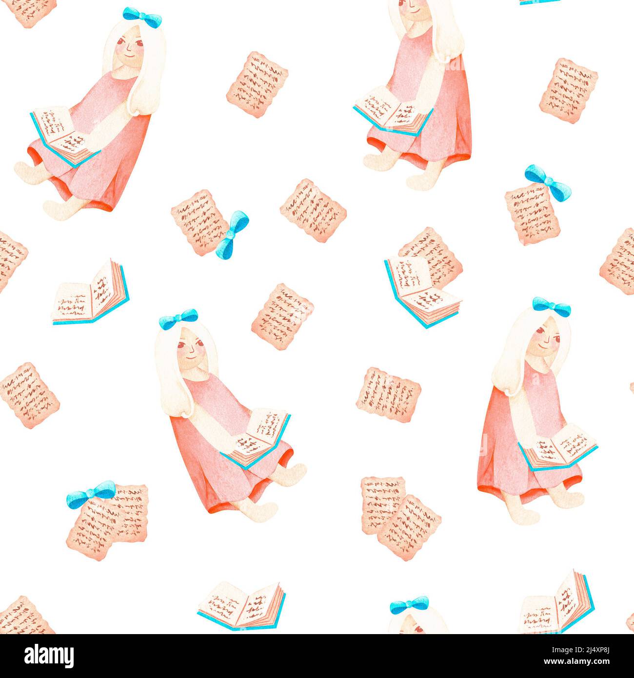Una bambola da lettura. Ripetizione senza giunture. Acquerello vintage illustrazione. Isolato su sfondo bianco. Per il tuo design. Foto Stock
