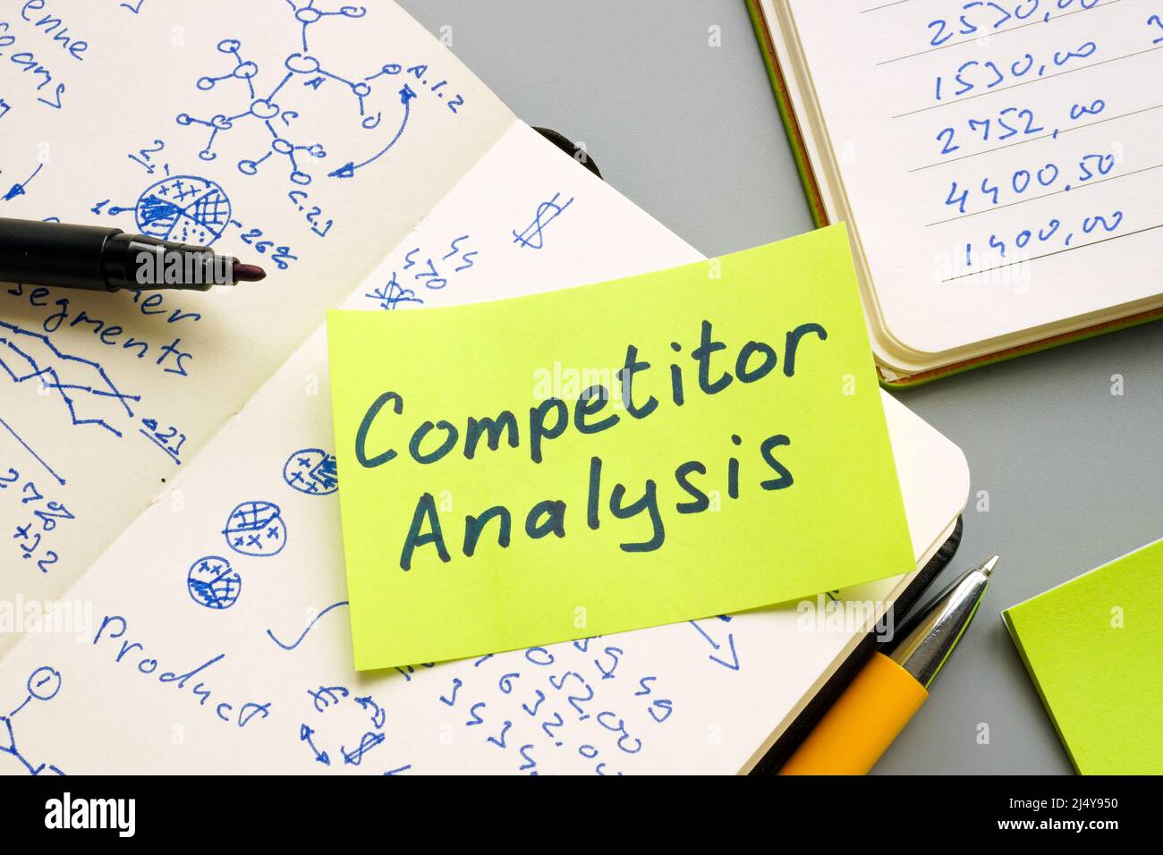 Iscrizione dell'analisi della concorrenza e dati scritti a mano sulle schede. Foto Stock