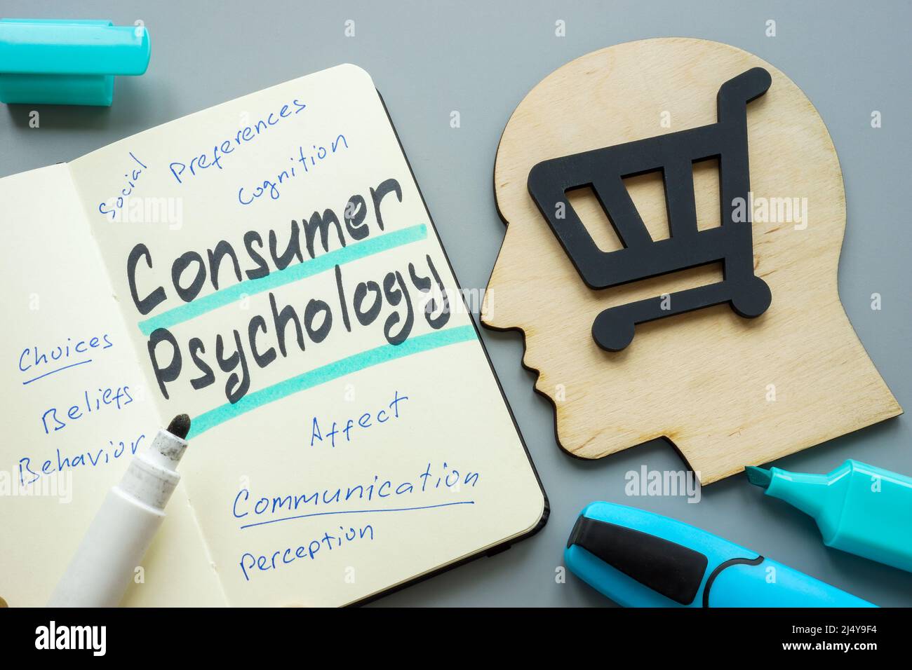 Note di psicologia del consumatore e un carrello di shopping. Foto Stock