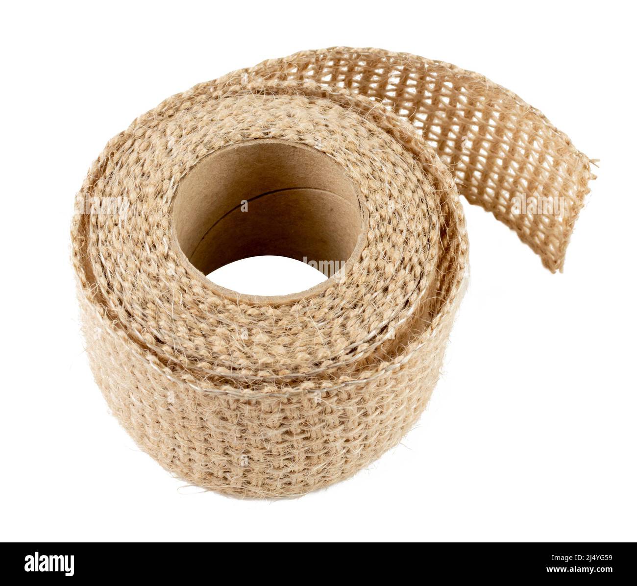 Tela tela di tela di tela di tela di mestiere rotolo., pezzo di sackcloth di iuta di lino, etichetta di tela di sacco isolato su sfondo bianco Foto Stock