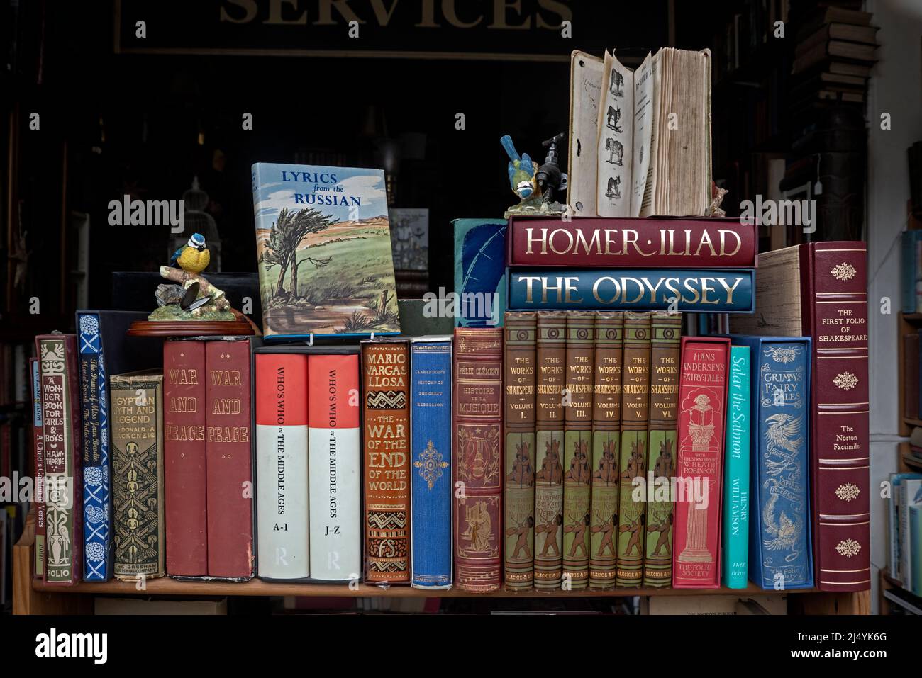 Libri d'epoca in vendita nella vetrina di un libraio a Edimburgo, Scozia, Regno Unito. Foto Stock