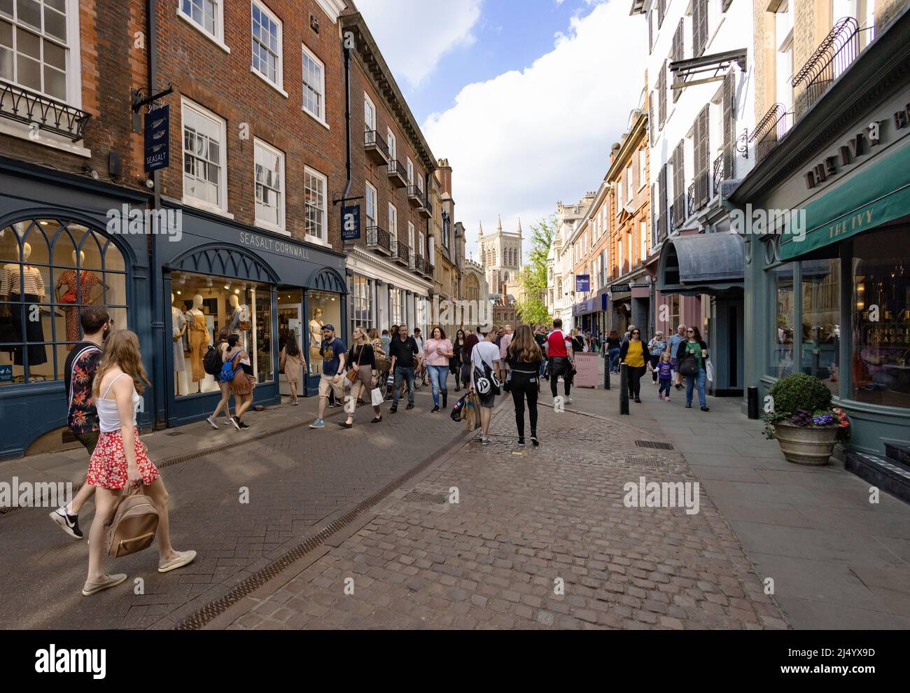 Persone che si trovano a Trinity Street, nel centro di Cambridge, Cambridge, Regno Unito Foto Stock