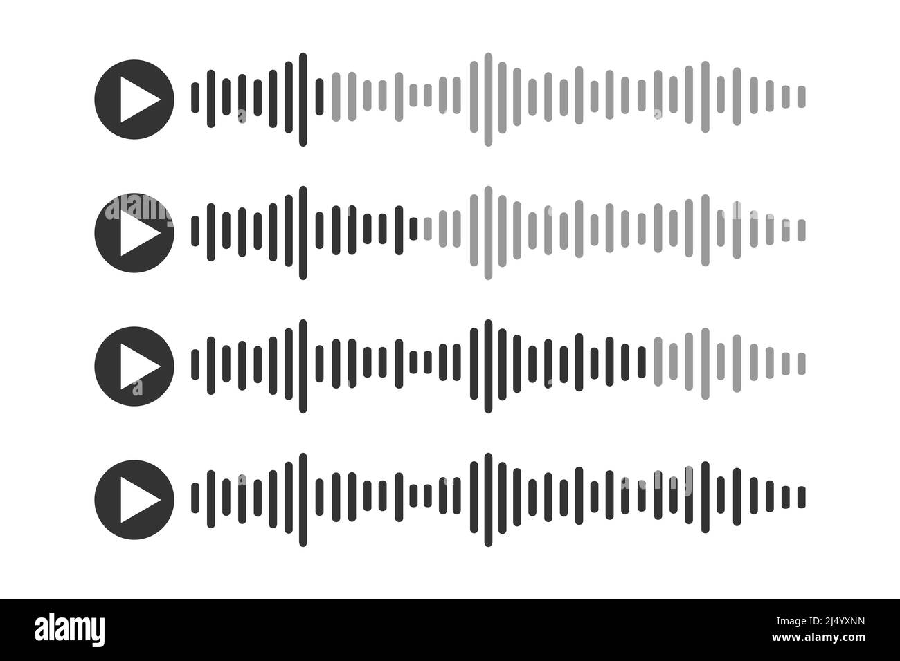 Icone dei messaggi vocali impostate. Pittogrammi chat audio con onde sonore vocali. Messenger, radio online, elementi di interfaccia per applicazioni mobili podcast. Illustrazione grafica vettoriale Illustrazione Vettoriale